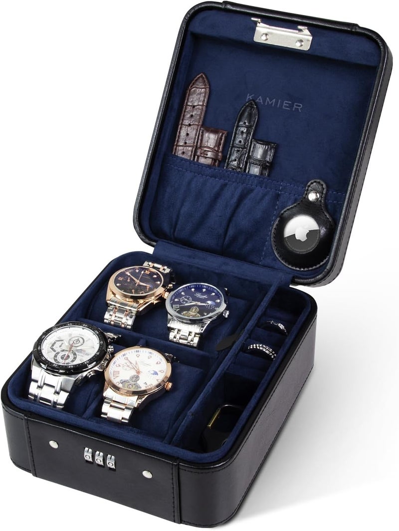 KAMIER Watch Case with Combination Lock - 4 Watch Storage and Jewelry Organizer - Watch Travel Case for Ring and Watch Storage, PU Leather Travel Watch Case, Ideal for Gift (With Gift Box),Black - Image 1
